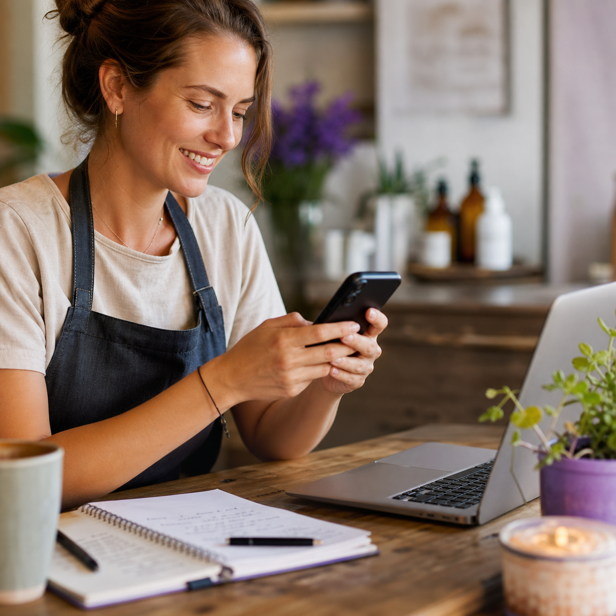 A small business owner sending a follow-up message from a real workspace.
